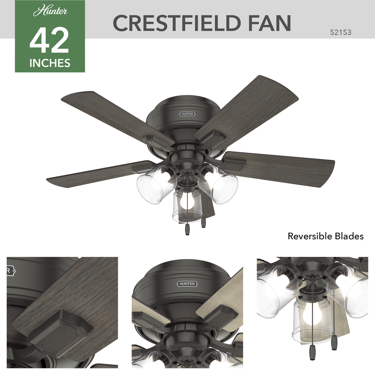 42 inch Crestfield Noble Bronze Low Profile Ceiling Fan with LED Light Kit and Pull Chain