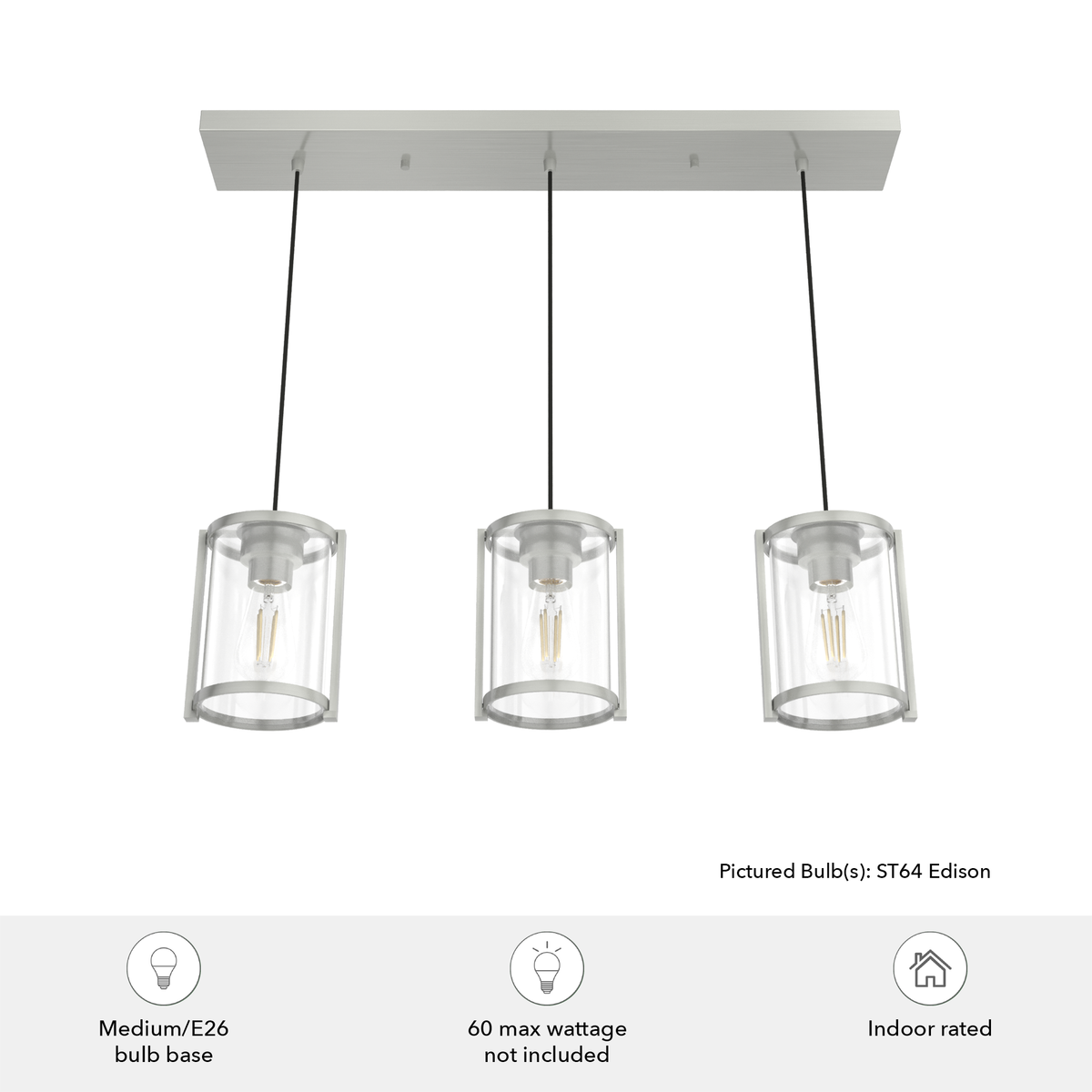 Astwood 28.5-inch 3-light Brushed Nickel Linear Pendant Cluster with Clear Glass
