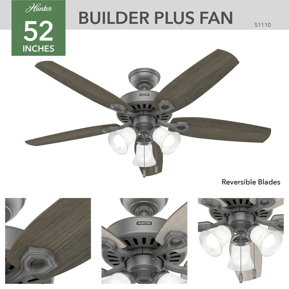 52 inch Builder Matte Silver Ceiling Fan with LED Light Kit and Pull Chain
