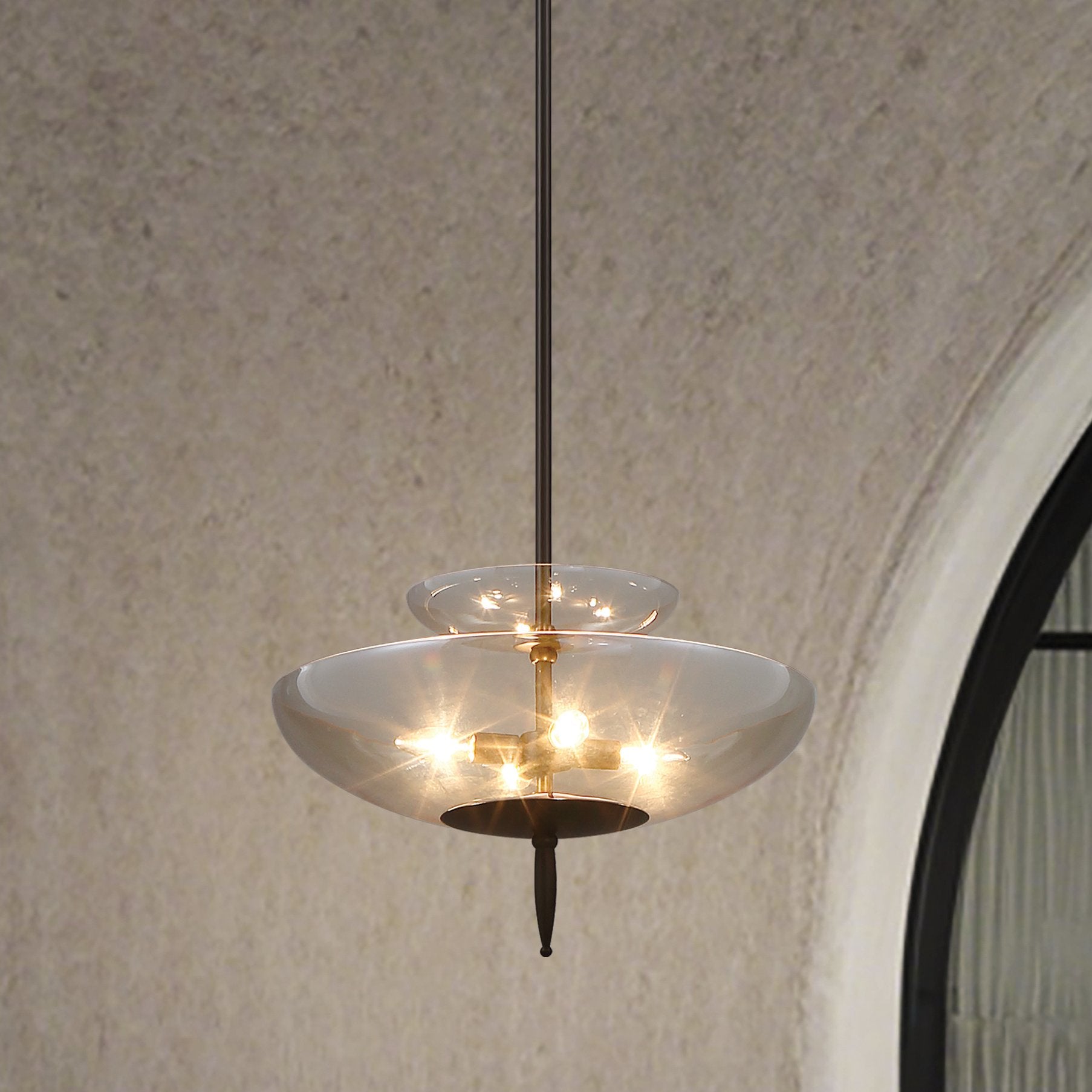 Fiorello 21-inch 4-light Forged Bronze Convertible Pendant with Smoked Amber Glass Shades