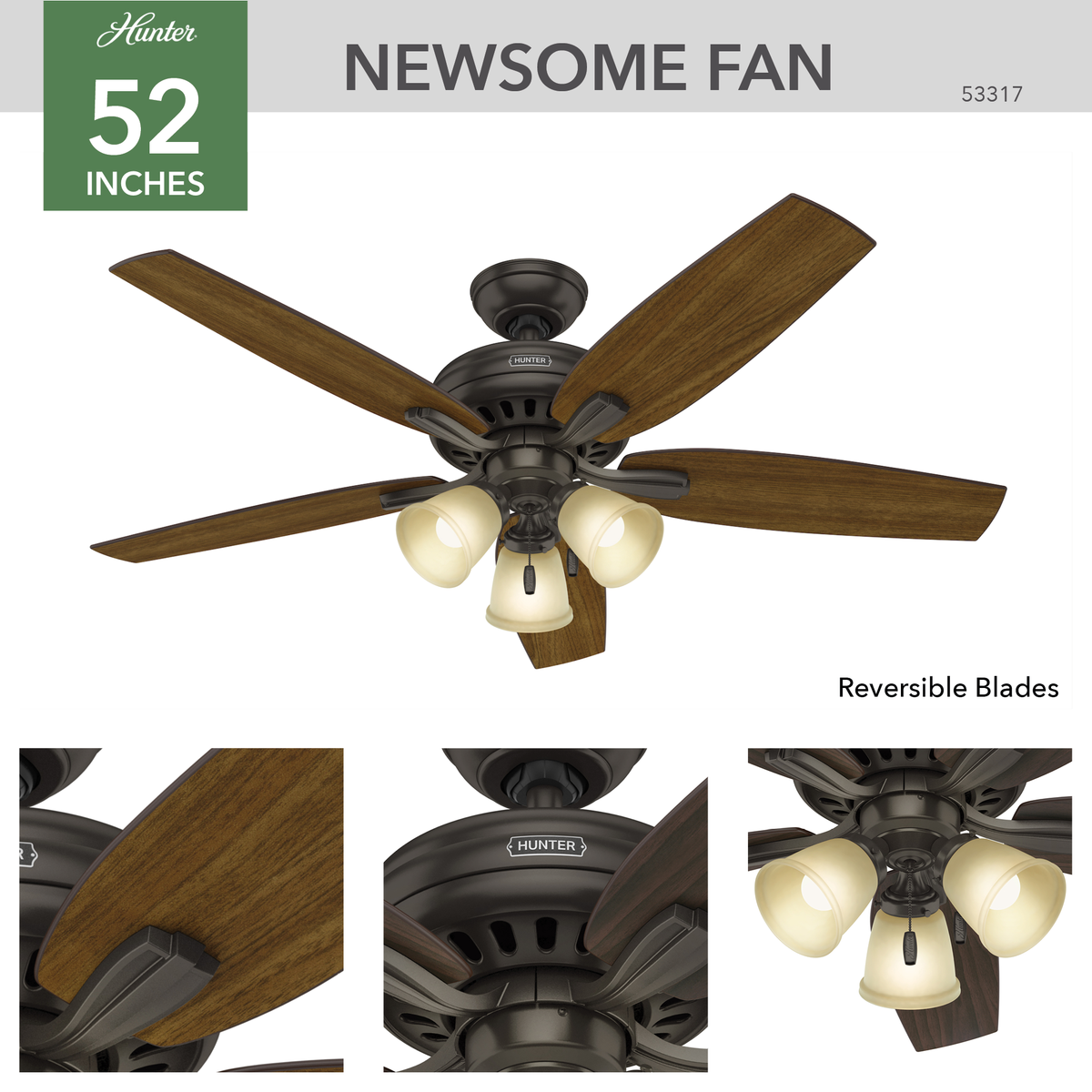 52 inch Newsome Premier Bronze Ceiling Fan with LED Light Kit and Pull Chain