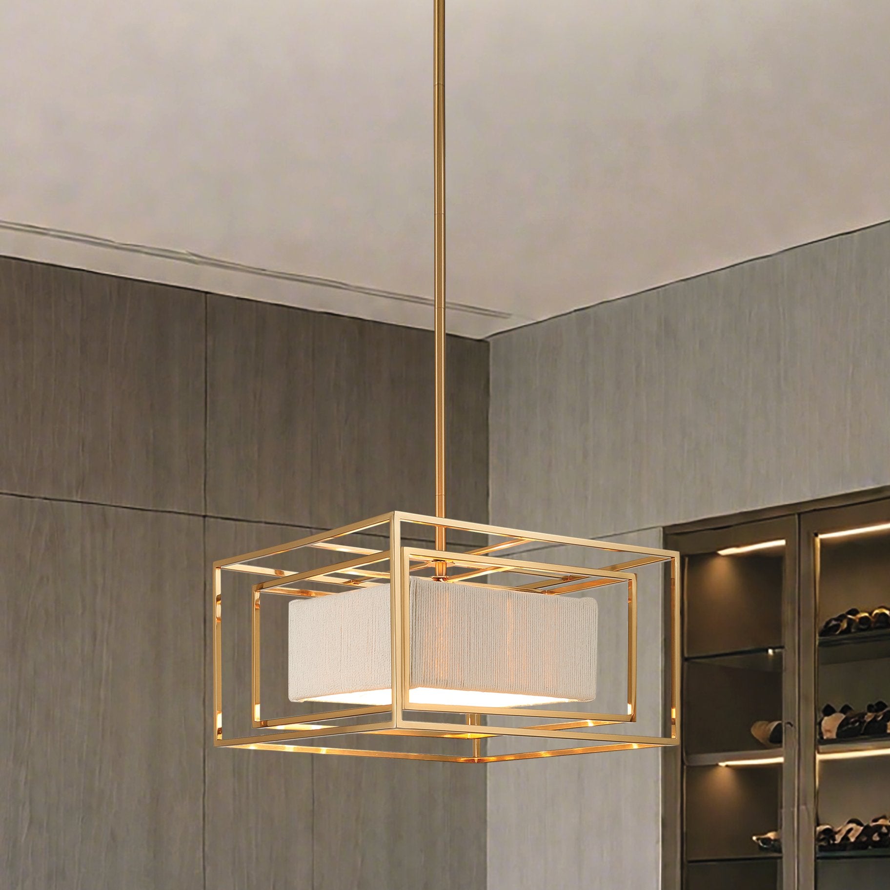 Abbey 18-inch 4-light Brass Convertible Pendant with Cream Cotton Rope Shade
