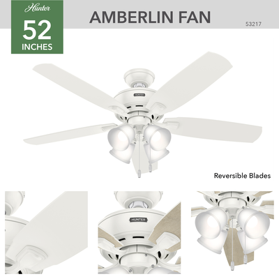 52 inch Amberlin Fresh White Ceiling Fan with LED Light Kit and Pull Chain