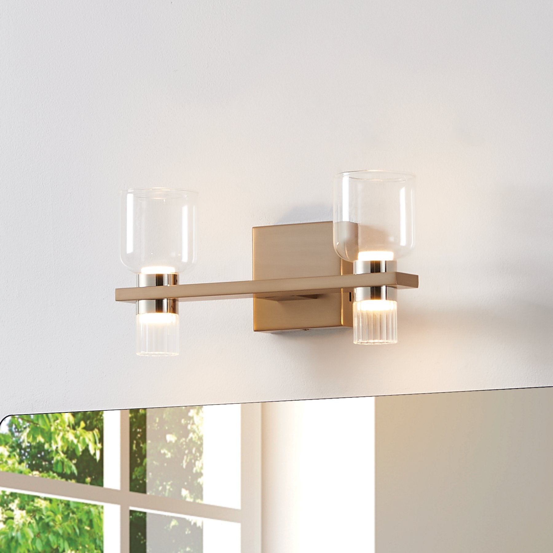 Amelia 15-inch 4-light Champagne Gold and Polished Nickel 5CCT LED Vanity Light with Clear and Clear Ribbed Glass