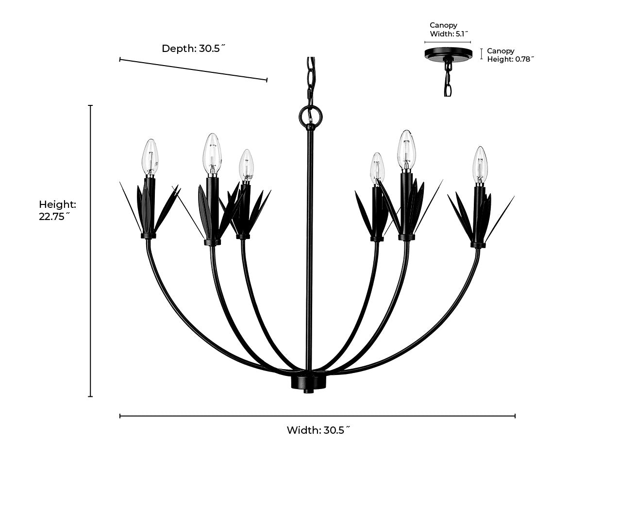 22.75'' Primrose Matte Black 6 Light Chandelier