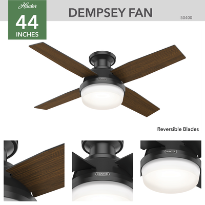 44 inch Dempsey Matte Black Low Profile Damp Rated Ceiling Fan with LED Light Kit and Handheld Remote