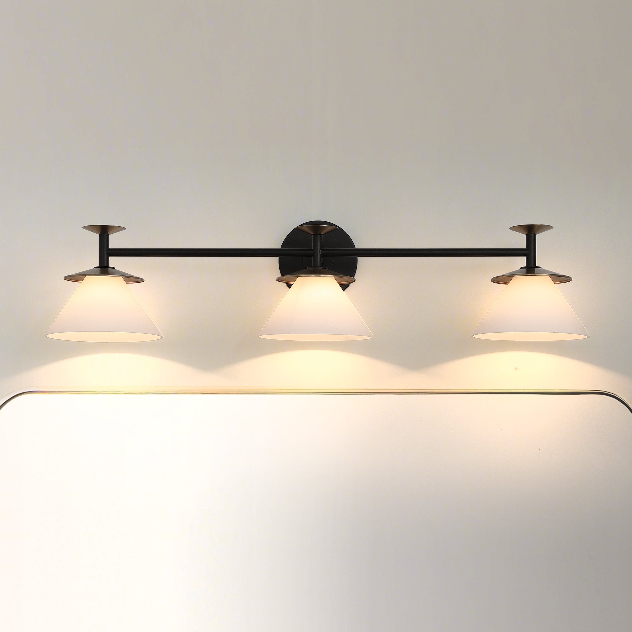 Tremolo 33-inch 3-light Matte Black and Champagne Gold Vanity Light with Etched Opal Glass