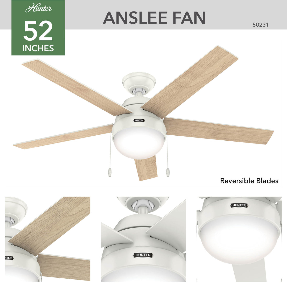 52 inch Anslee Fresh White Ceiling Fan with LED Light Kit and Pull Chain