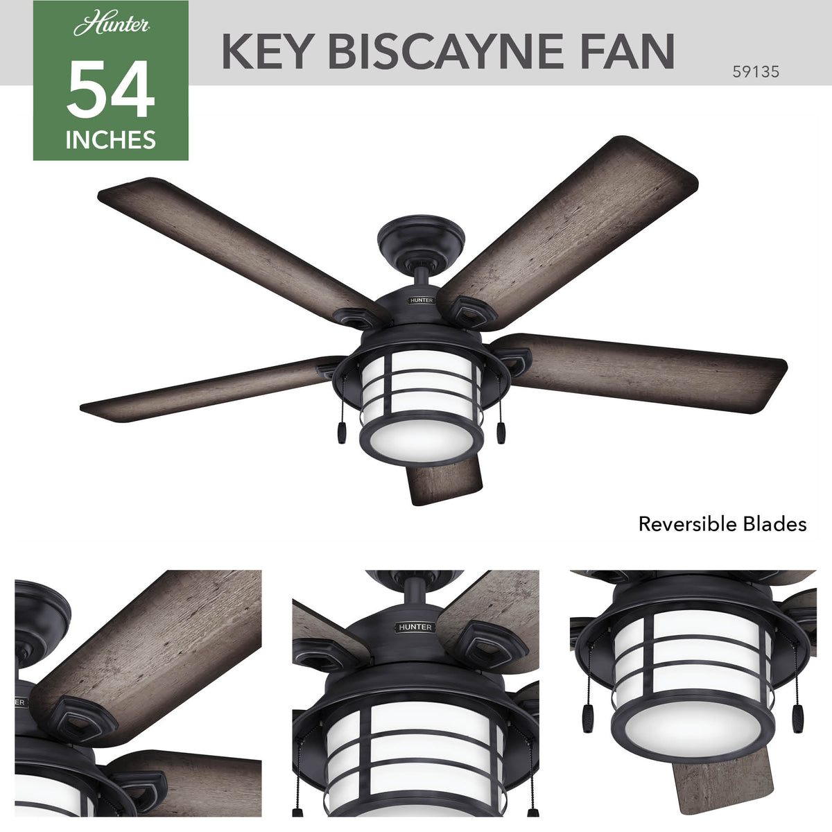 54 inch Key Biscayne Weathered Zinc Damp Rated Ceiling Fan with LED Light Kit and Pull Chain