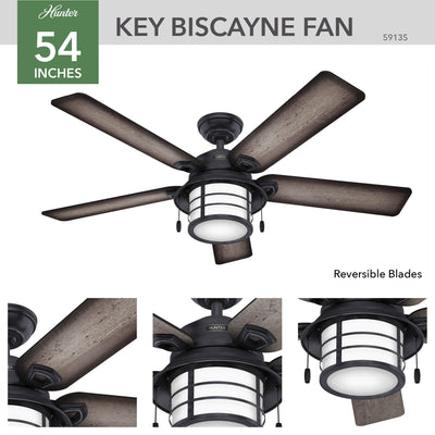 54 inch Key Biscayne Weathered Zinc Damp Rated Ceiling Fan with LED Light Kit and Pull Chain