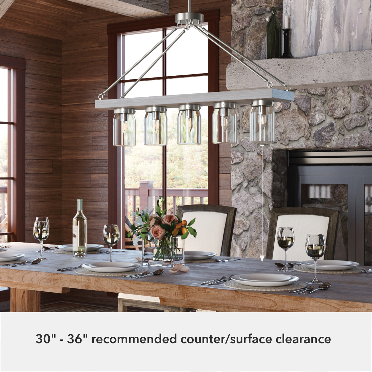 Devon Park 38-inch 5-light Brushed Nickel and Grey Wood Linear Chandelier with Clear Glass