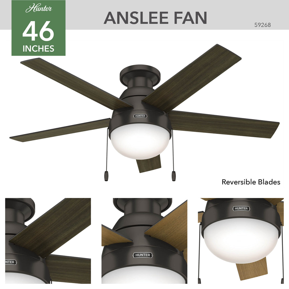 46 inch Anslee Premier Bronze Low Profile Ceiling Fan with LED Light Kit and Pull Chain