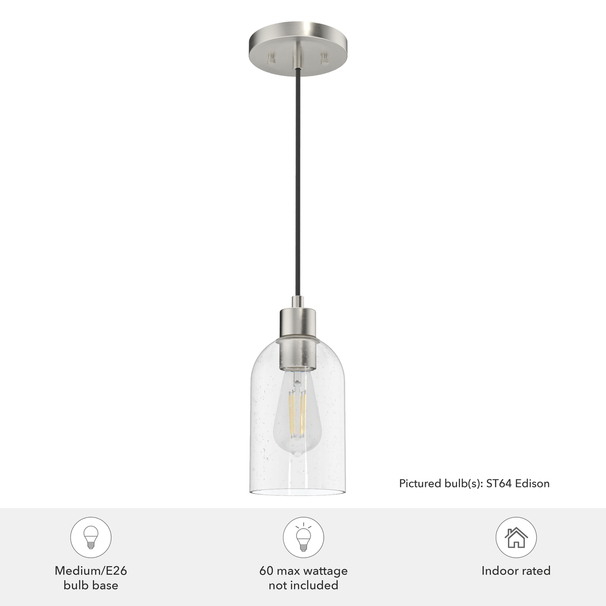 Lochemeade 4.5-inch 1-light Brushed Nickel Pendant with Clear Seeded Glass