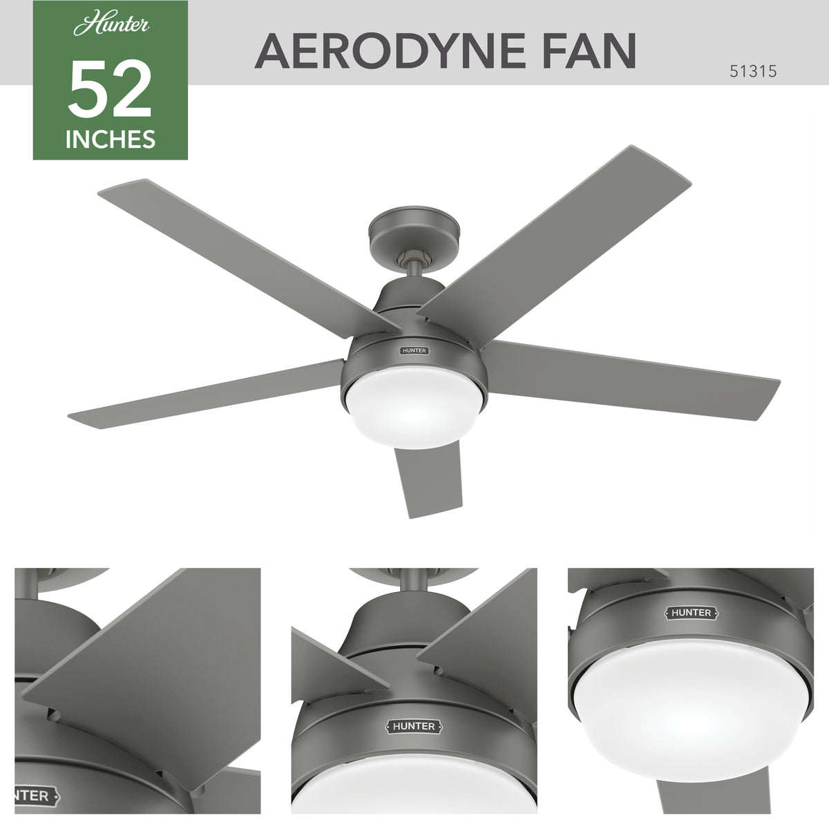 52 inch Aerodyne Wi-Fi Matte Silver Ceiling Fan with LED Light Kit and Handheld Remote