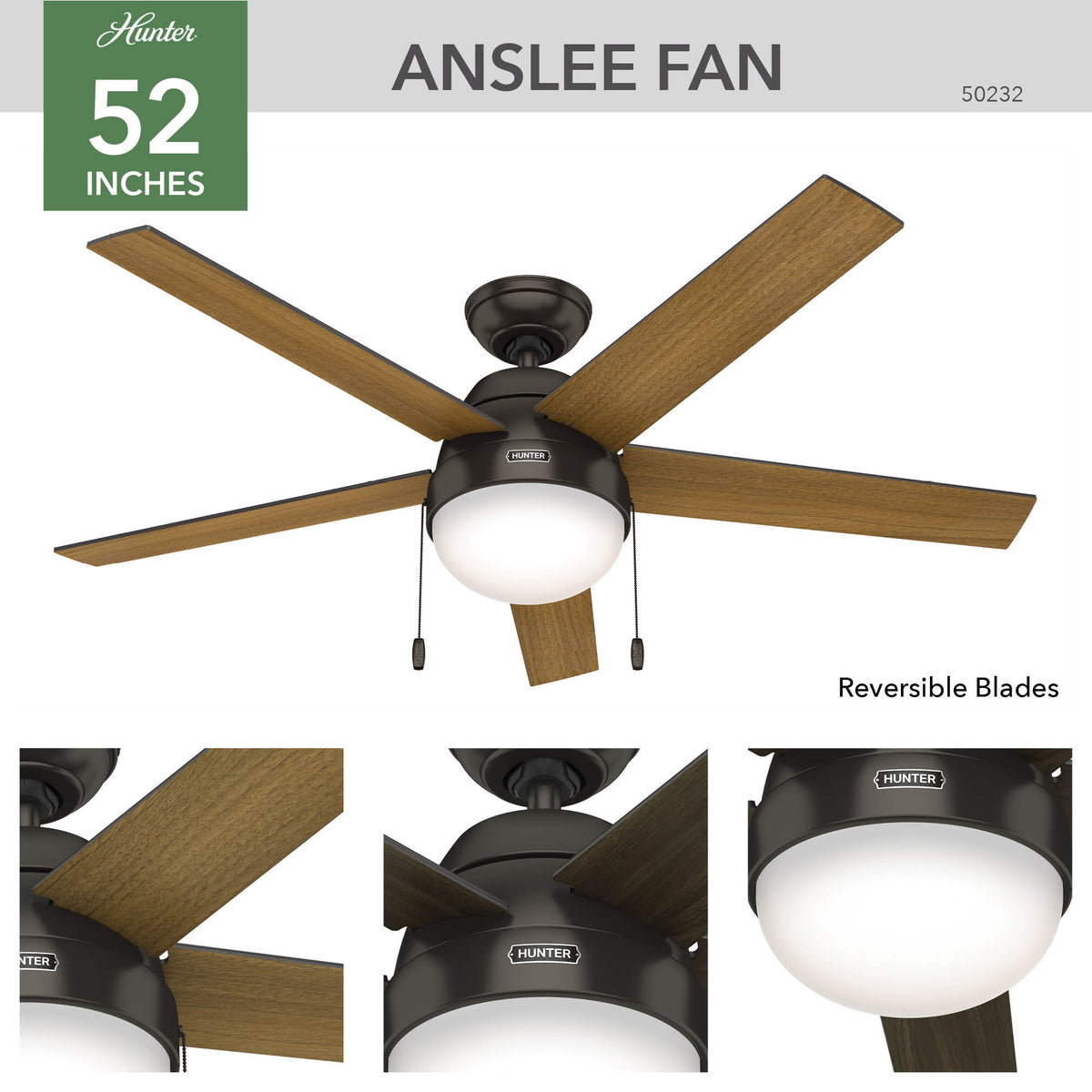 52 inch Anslee Premier Bronze Ceiling Fan with LED Light Kit and Pull Chain