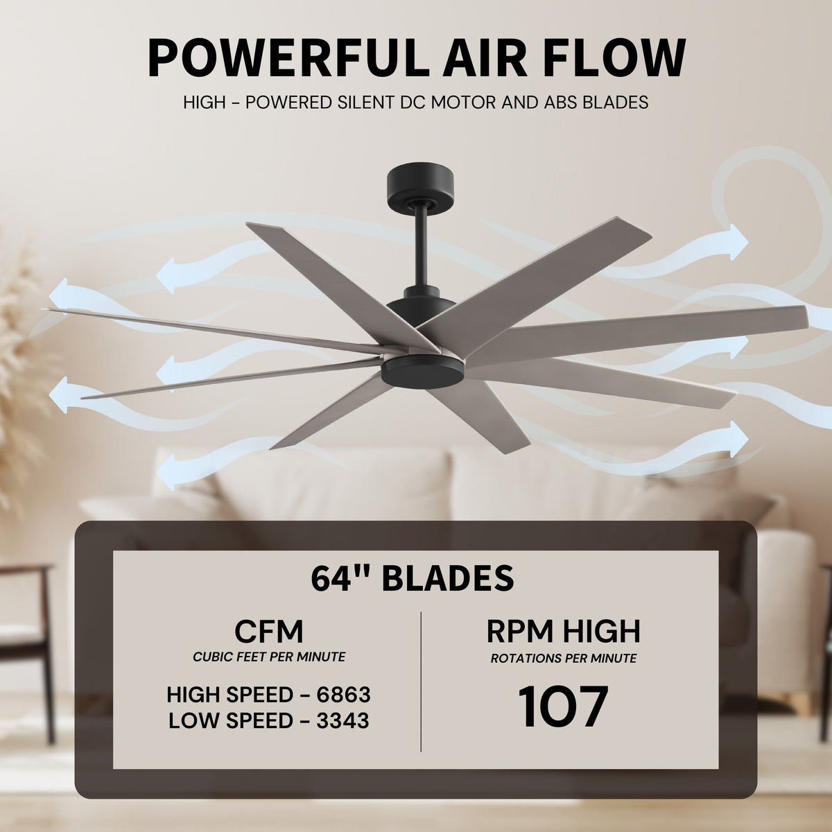 64-Inch Ariella 8-Blade Ceiling Fan Without Light Kit