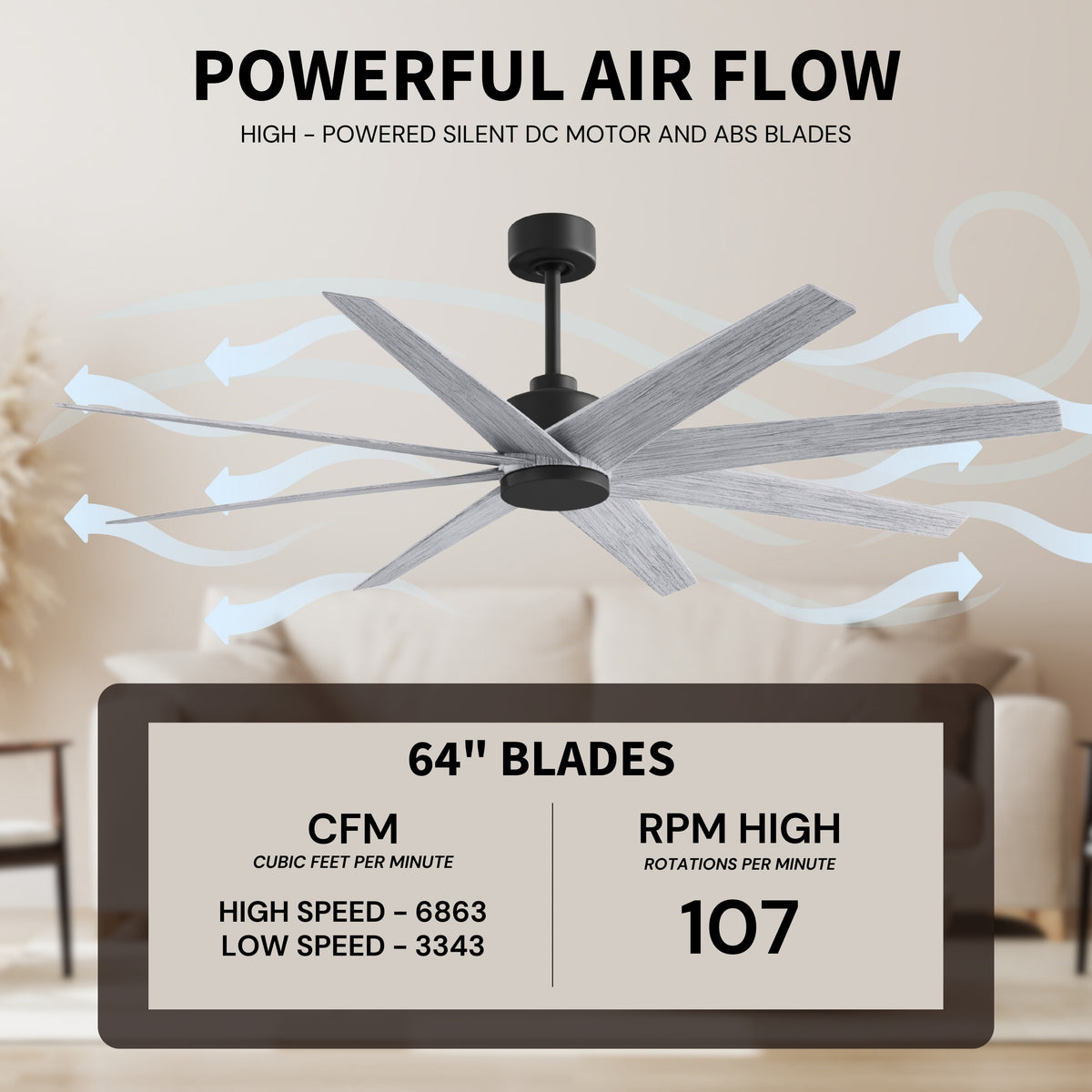 64-Inch Ariella 8-Blade Ceiling Fan Without Light Kit