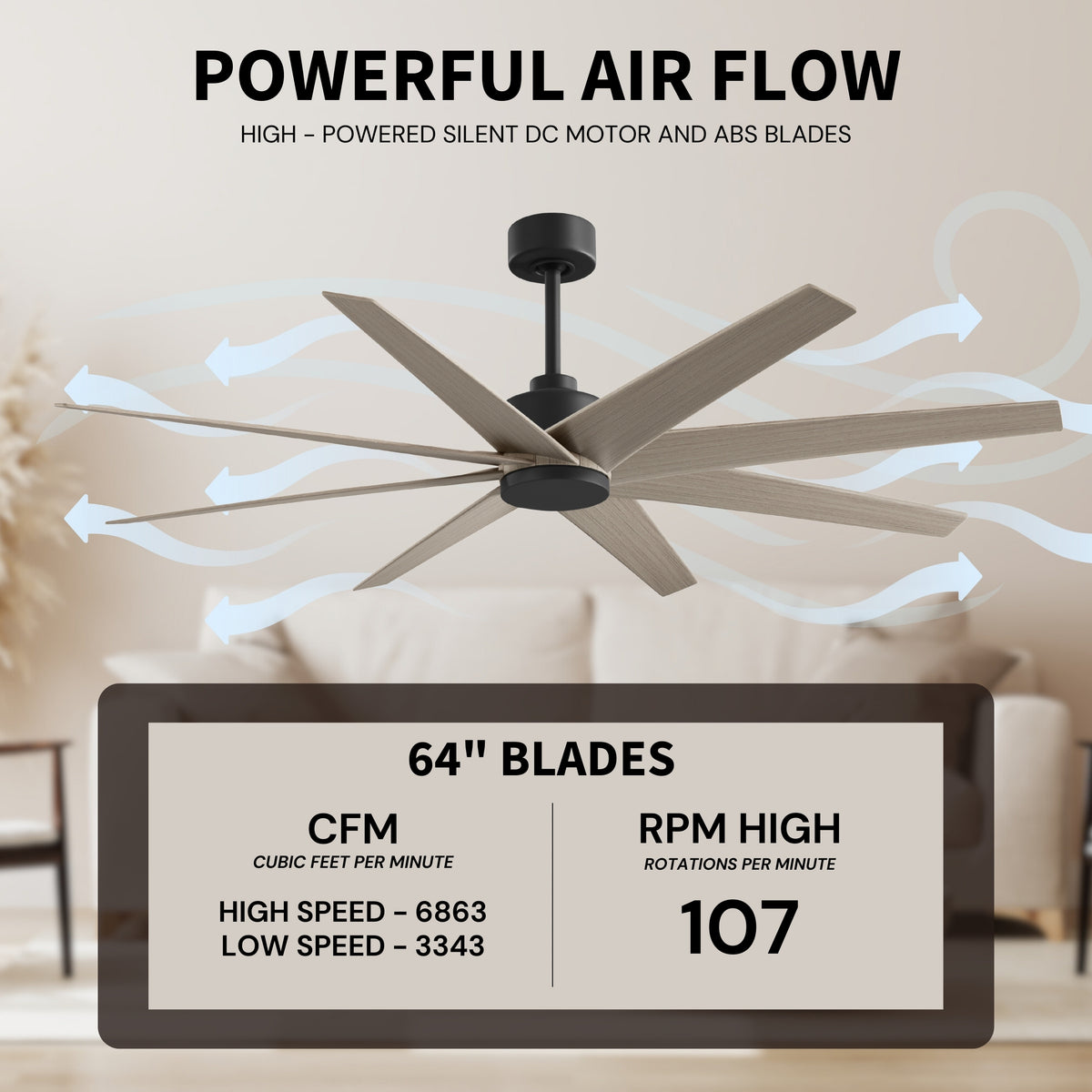 64-Inch Ariella 8-Blade Ceiling Fan Without Light Kit