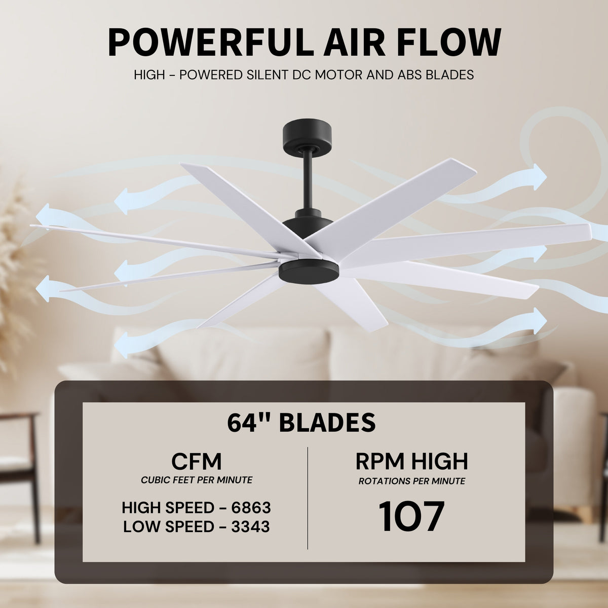 64-Inch Ariella 8-Blade Ceiling Fan Without Light Kit