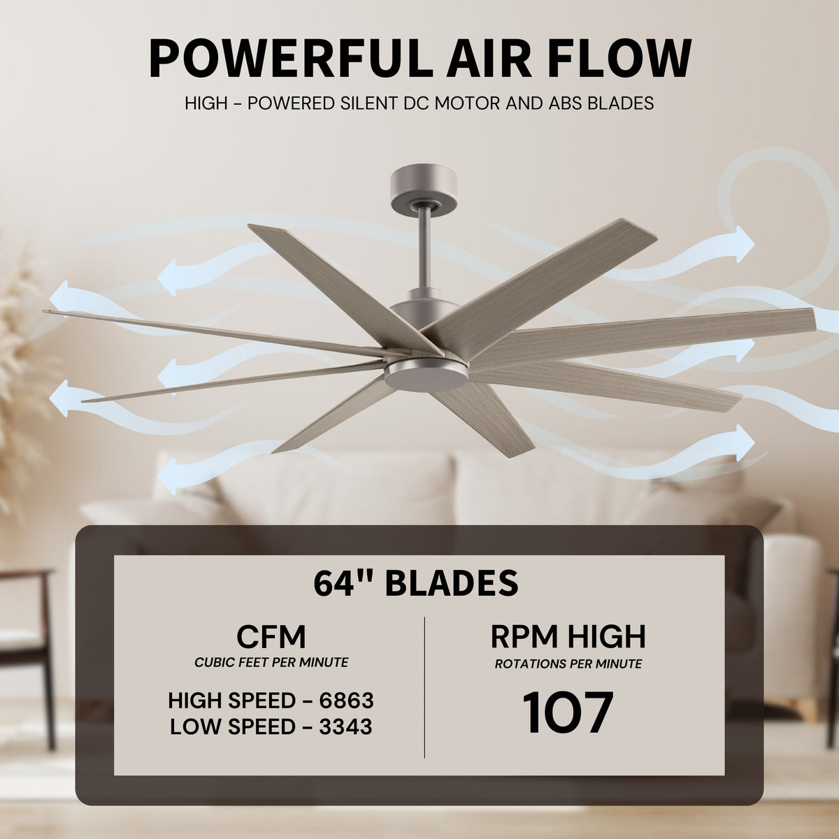 64-Inch Ariella 8-Blade Ceiling Fan Without Light Kit
