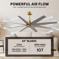 64-Inch Ariella 8-Blade Ceiling Fan Without Light Kit