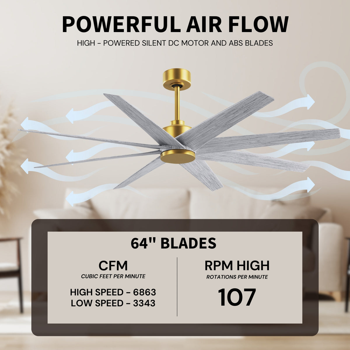 64-Inch Ariella 8-Blade Ceiling Fan Without Light Kit