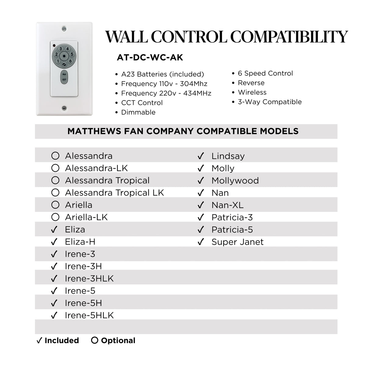 White 6-Speed DC Motor Wall Control for Alessandra and Ariella Ceiling Fans