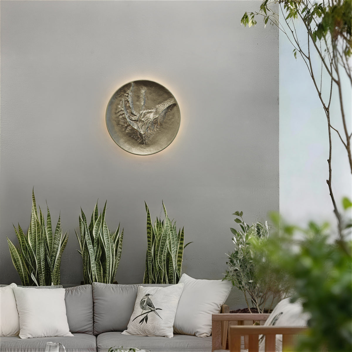 16-Inch Painted Washed Brass Moon Outdoor LED Wall Sconce