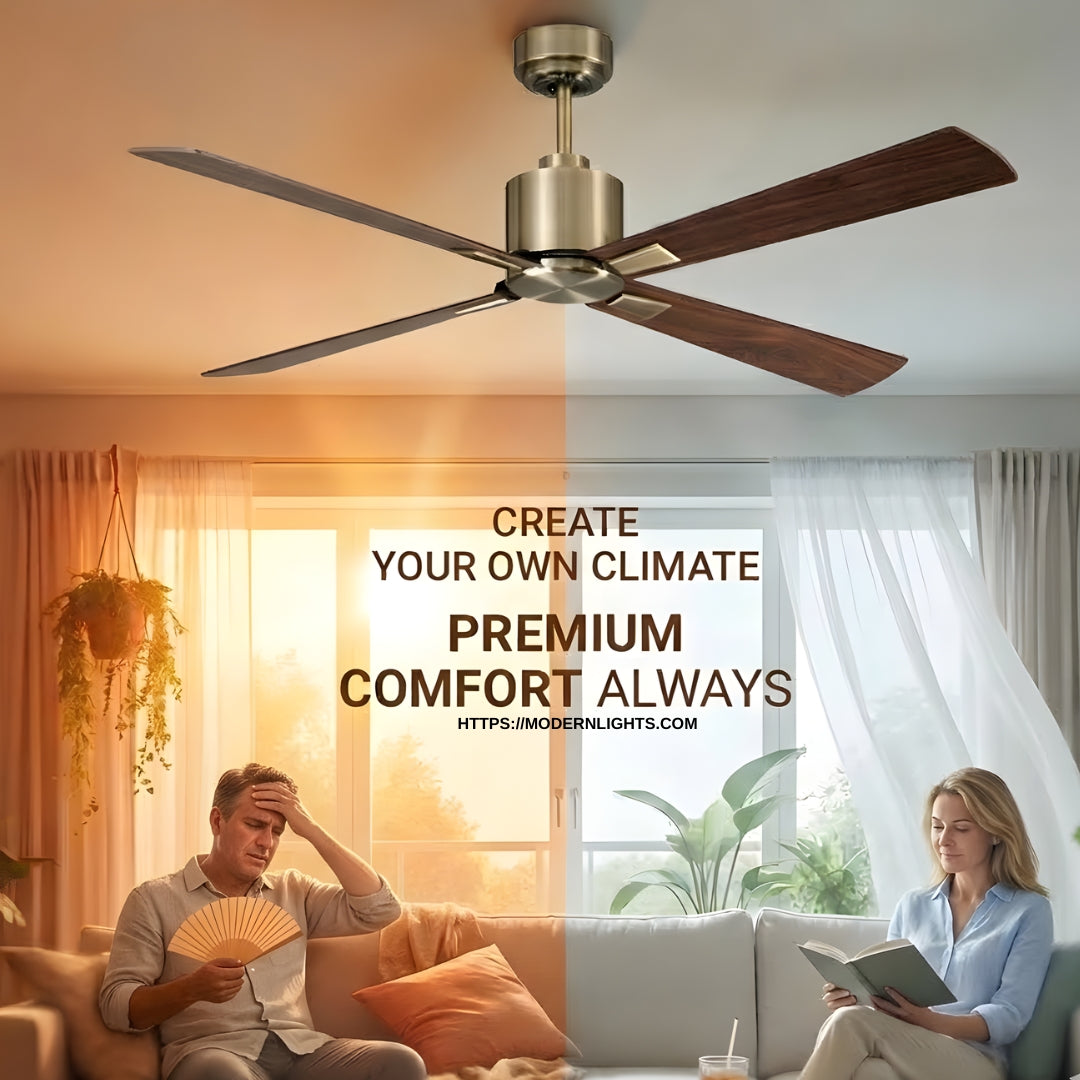 52 Inch DC Brass Fan in Antique Brass with Walnut Blades