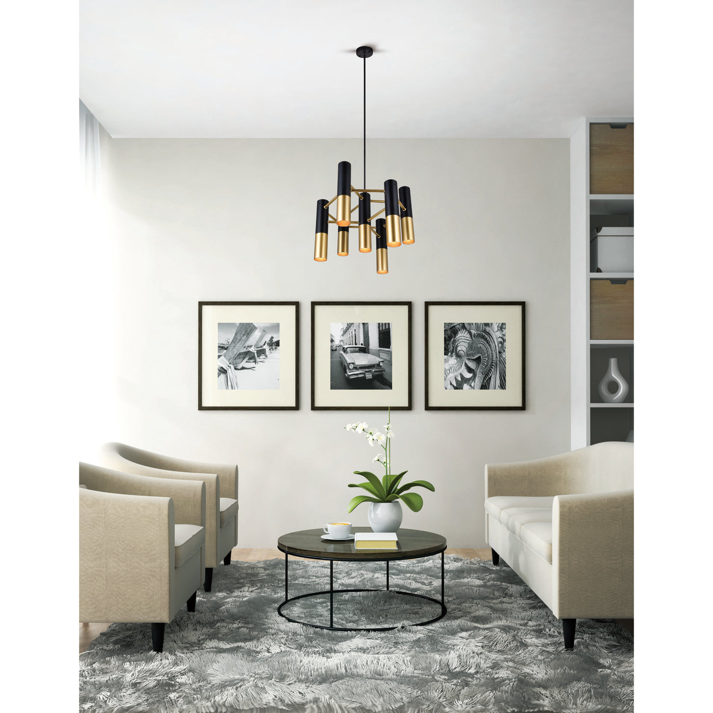 Anem 7 Light Matte Black and Satin Gold Down Chandelier