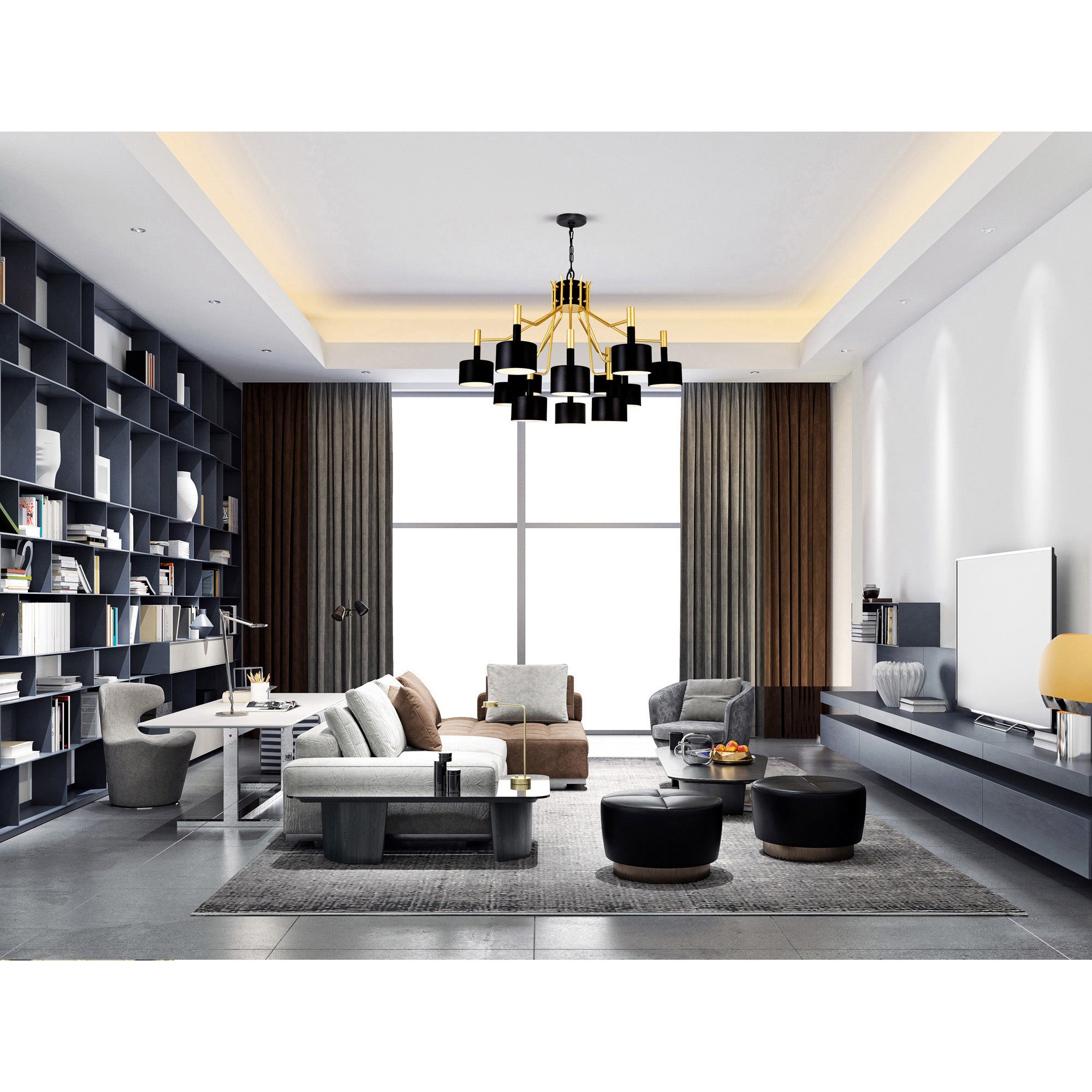 Corna 12 Light Matte Black and Satin Gold Down Chandelier