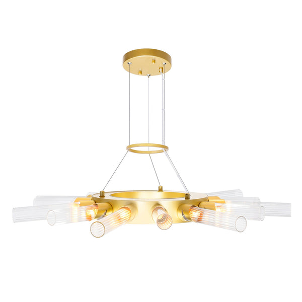 Collar 14 light satin gold chandelier with a 28 inch ring and cylindrical glass tubes