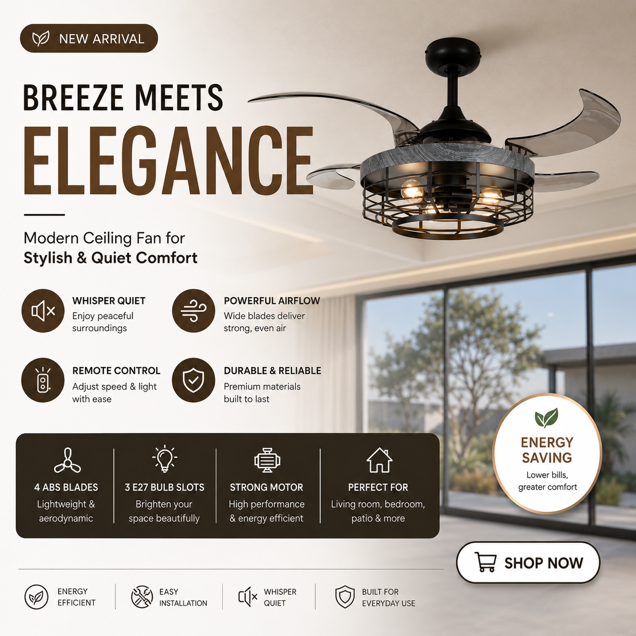 48 Inch Black Koa Retractable Blade Ceiling Fan