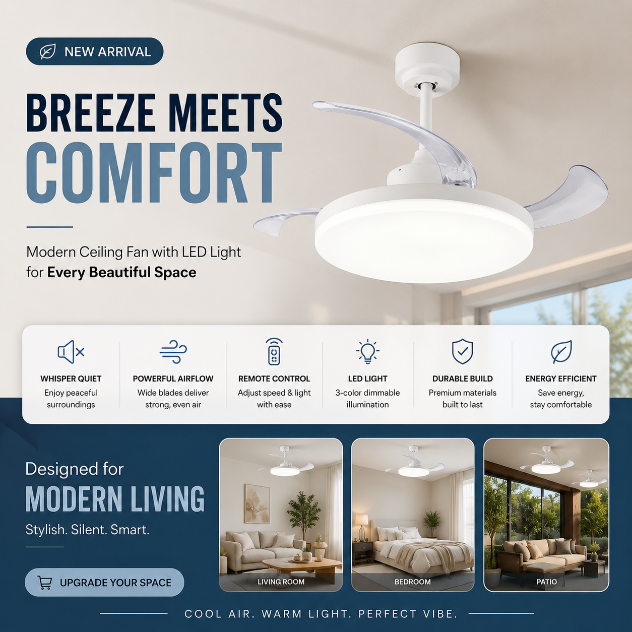42 Inch White Retractable Blade Ceiling Fan