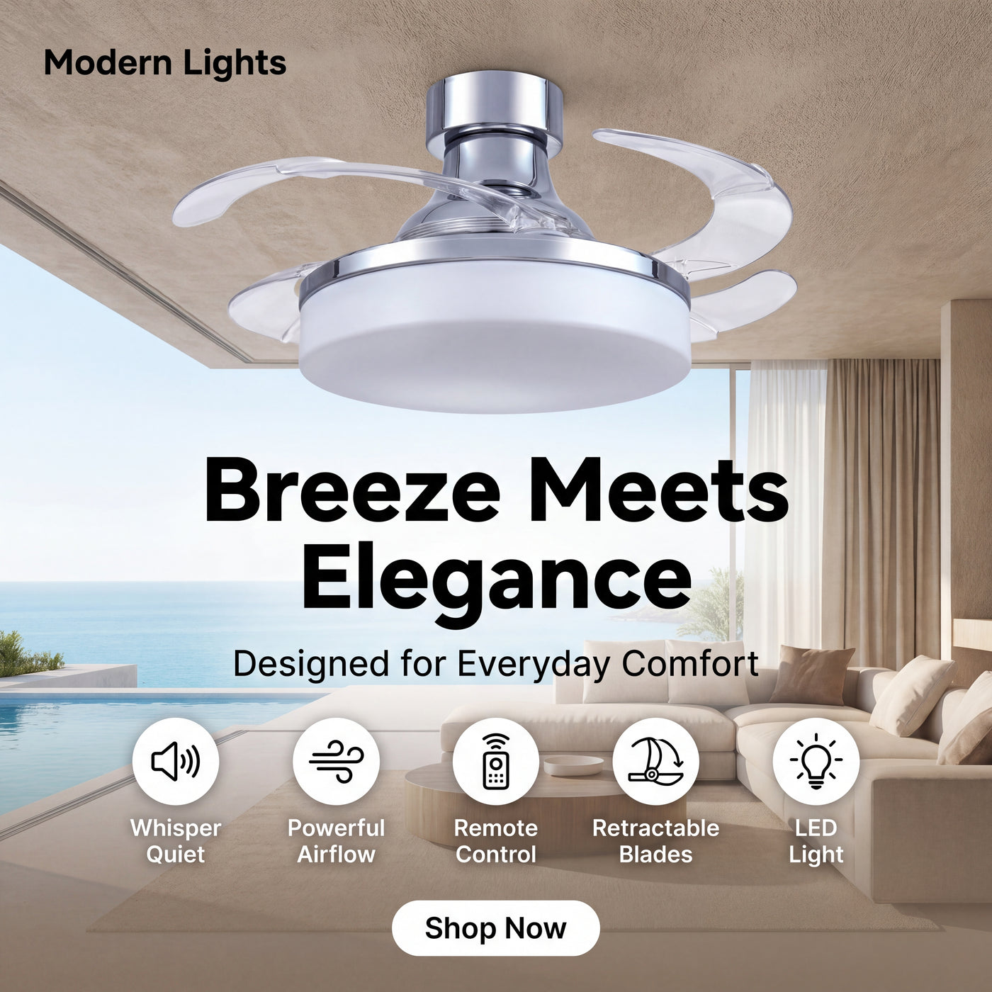 36 Inch Chrome Retractable Blade Ceiling Fan