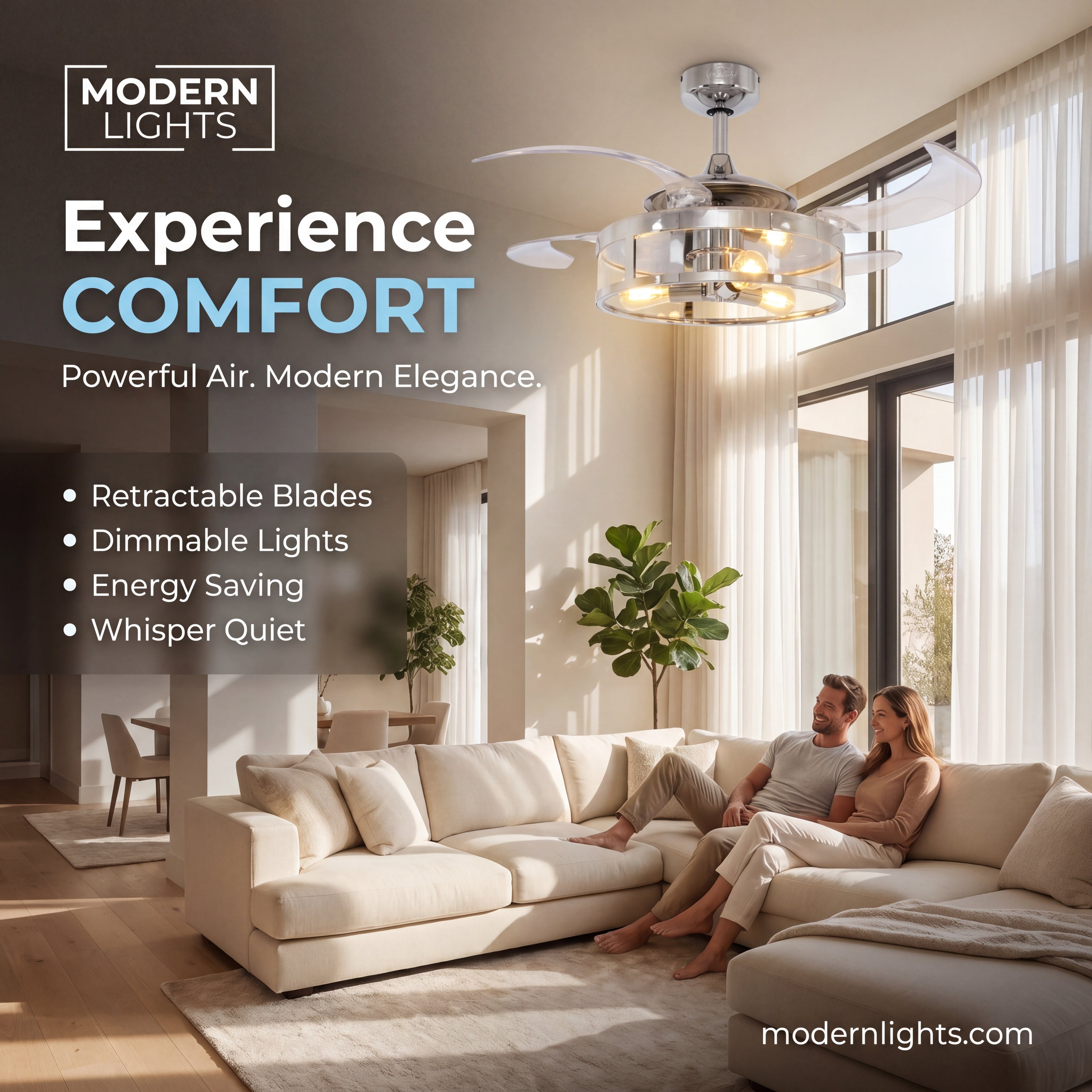 Classic 48 Inch 3 Light Chrome Fan with Retractable Blades