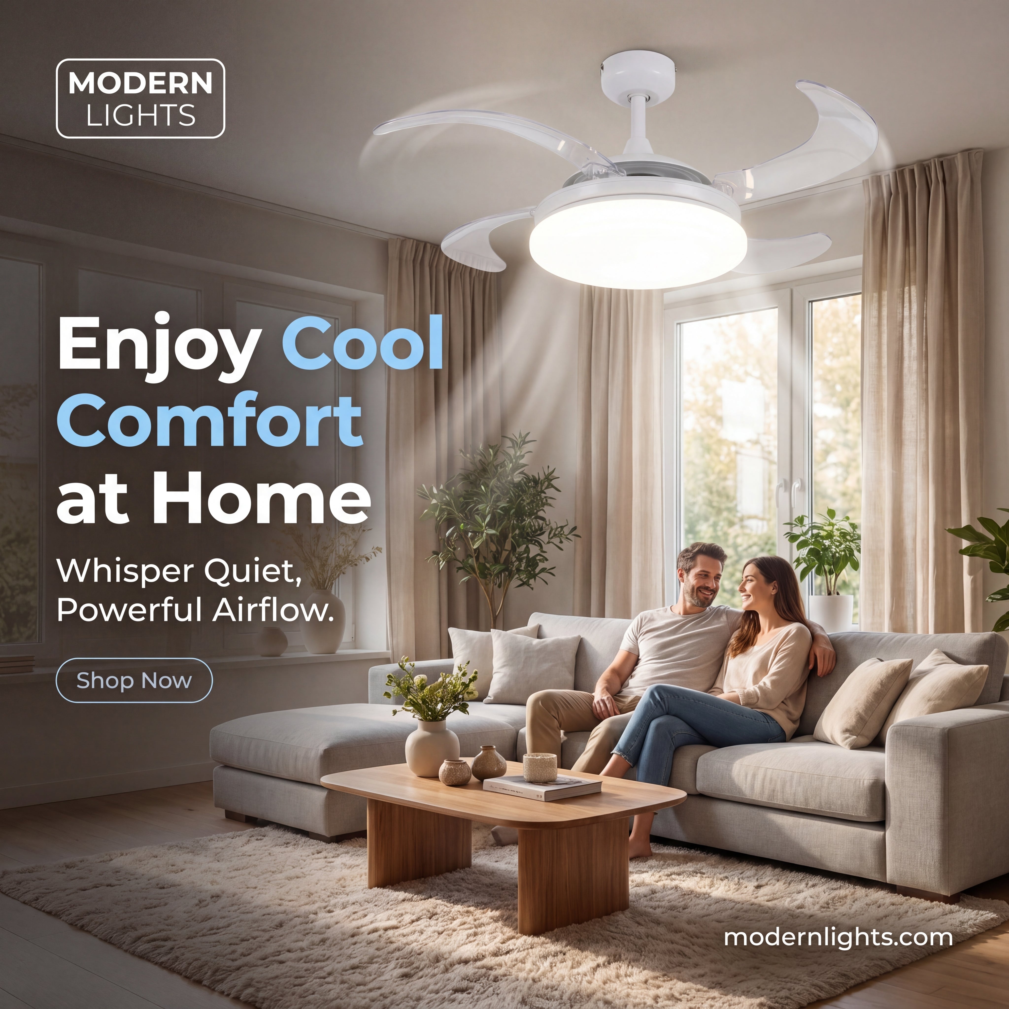EVO2 48 Inch 3 Light White Fan with Retractable Blades