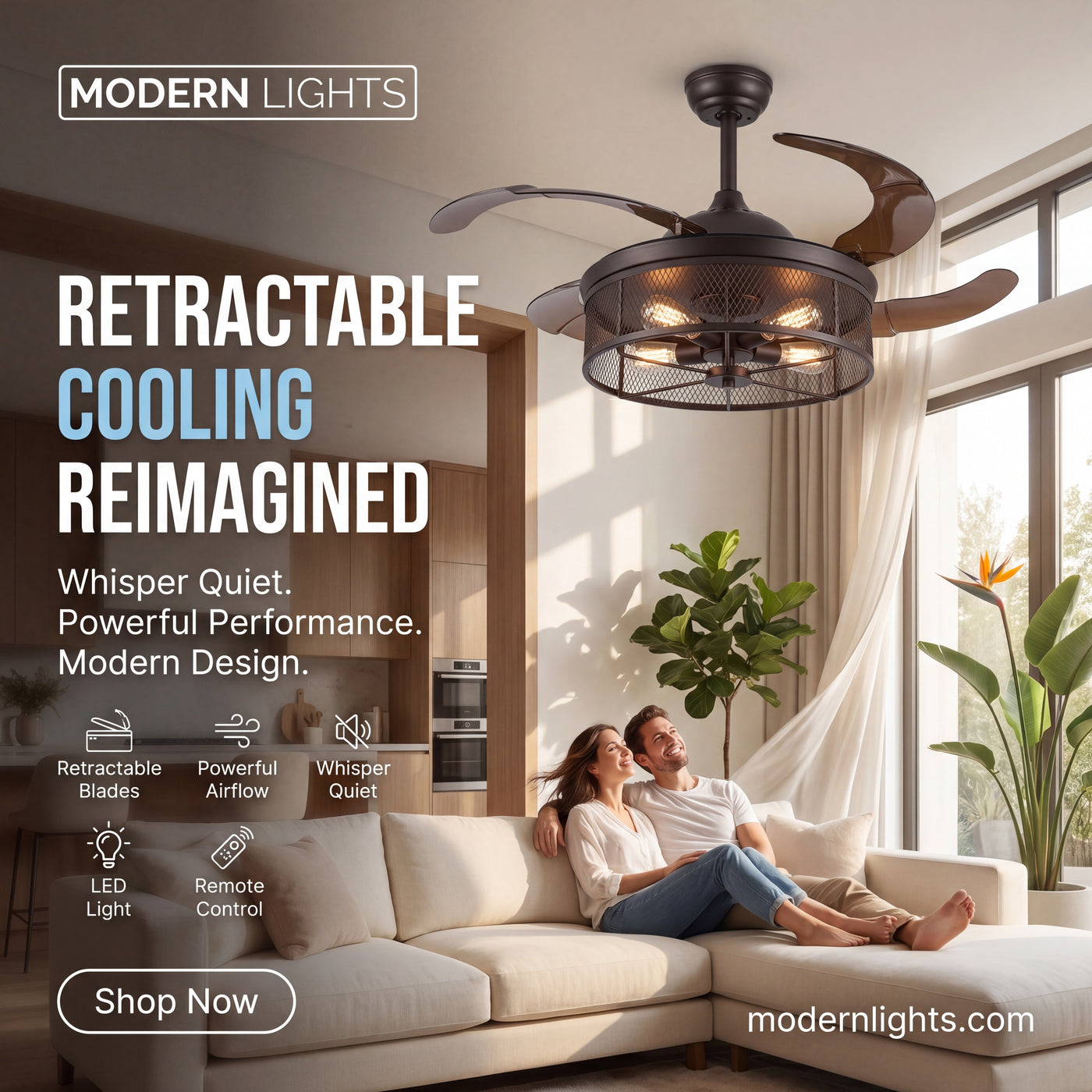 Meridian 48 Inch 3 Light Bronze Fan with Retractable Blades