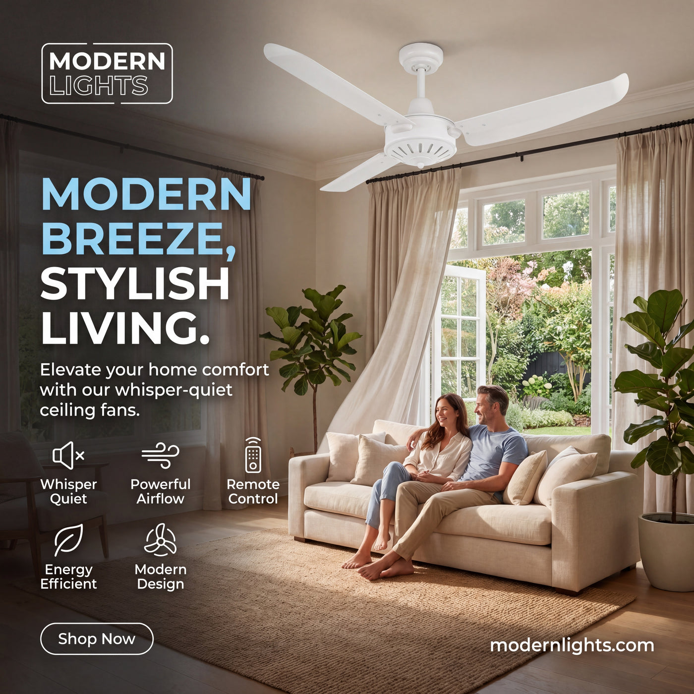 56 Inch Indoor Outdoor White Ceiling Fan in Antique White with Remote