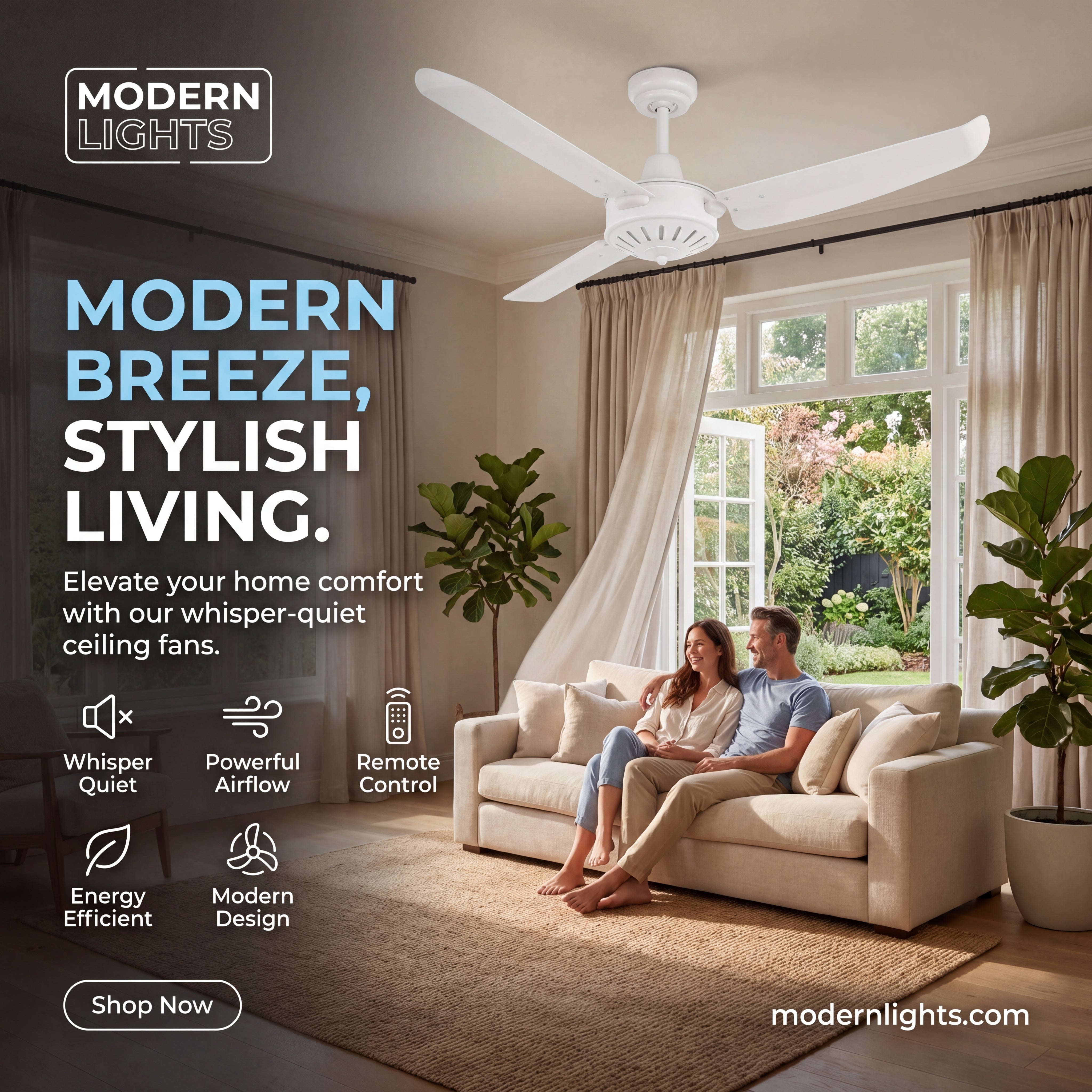 56 Inch Indoor Outdoor White Ceiling Fan in Antique White with Remote