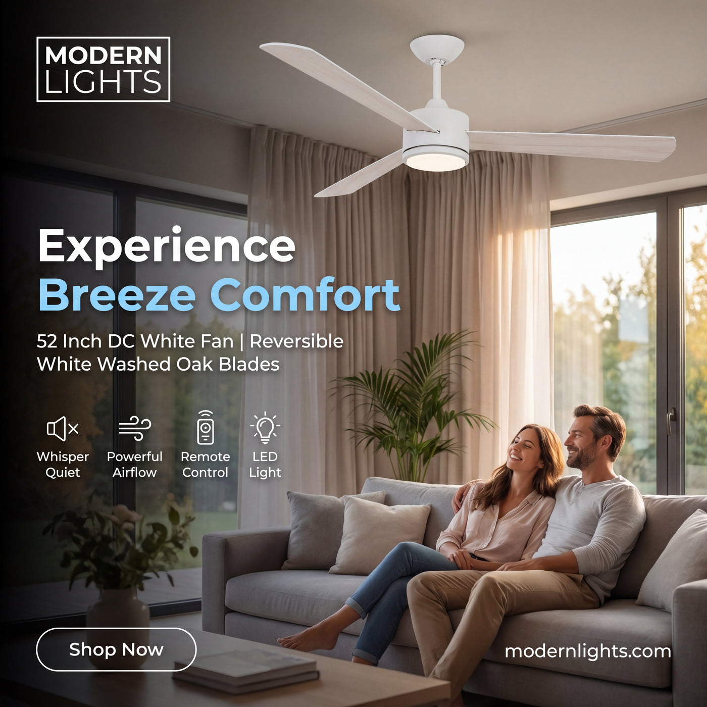 52 Inch DC White Fan with Reversible White Washed Oak Blades and Remote