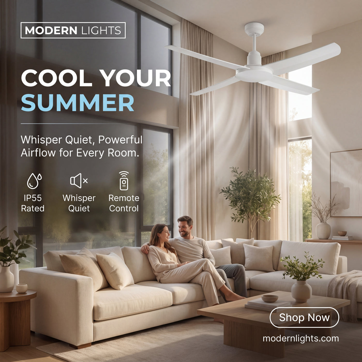 52 Inch IP55 Wet Rated White Fan with Remote