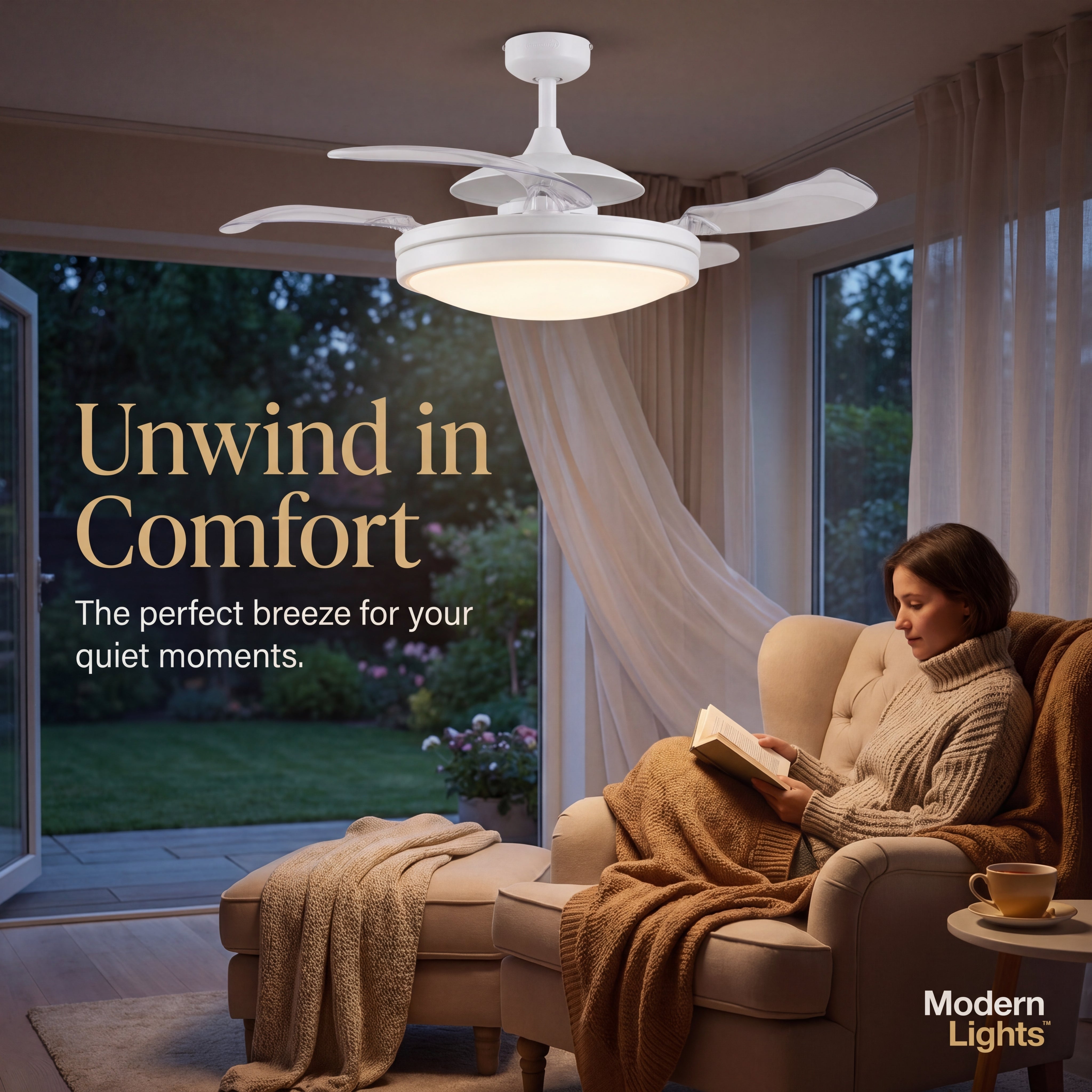 EVO2 48 Inch 3 Light White Fan with Retractable Blades