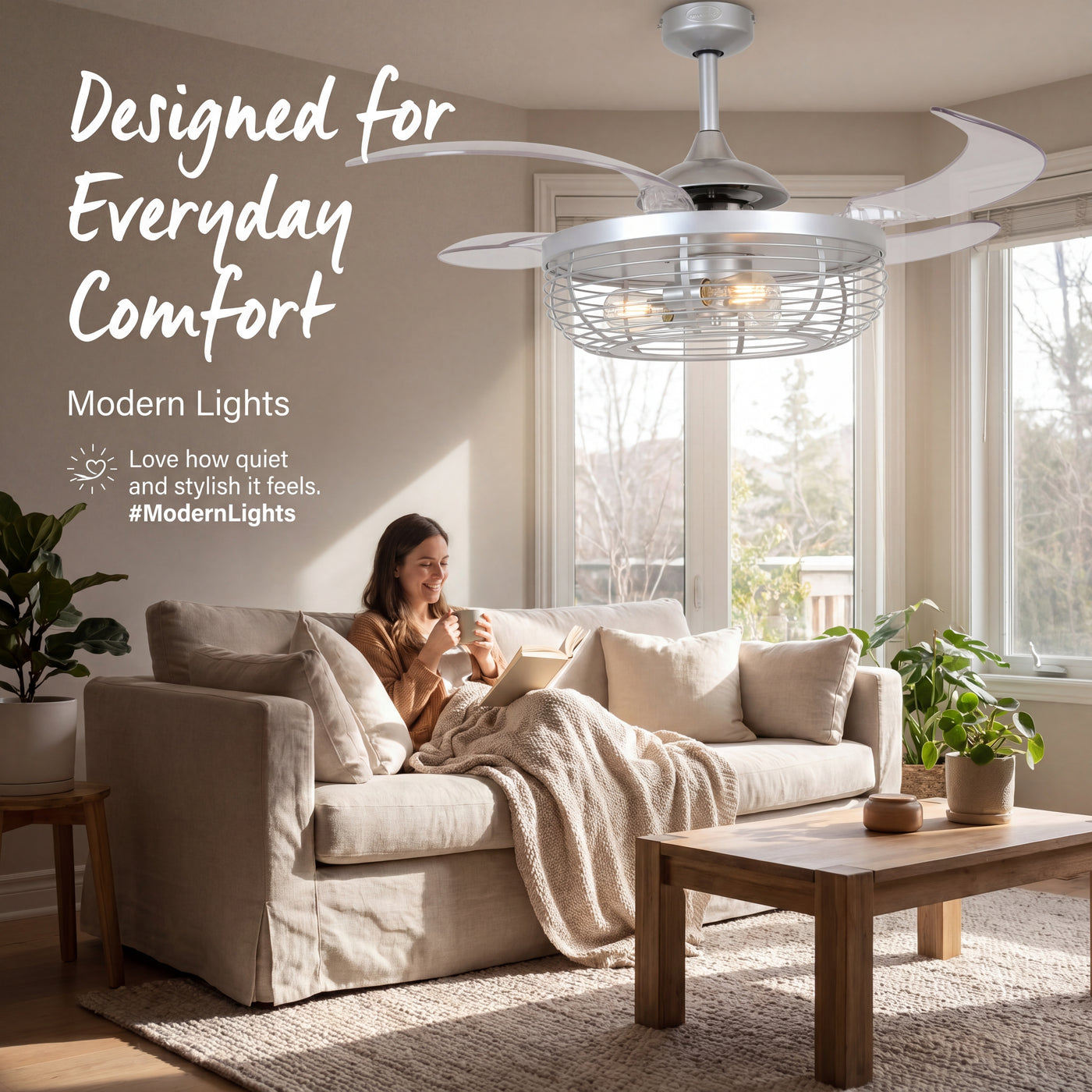 Carbondale 48 Inch 3 Light Silver Ceiling Fan with Retractable Blades