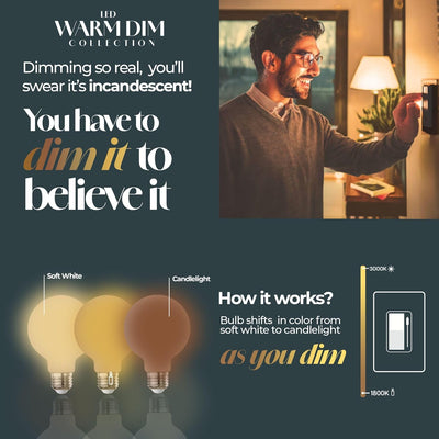 Warm Dims A19 9W Dimmable Milky Filament LED Light Bulb with E26 Base, 3000K-1800K, 800 Lumens, 2-Pack