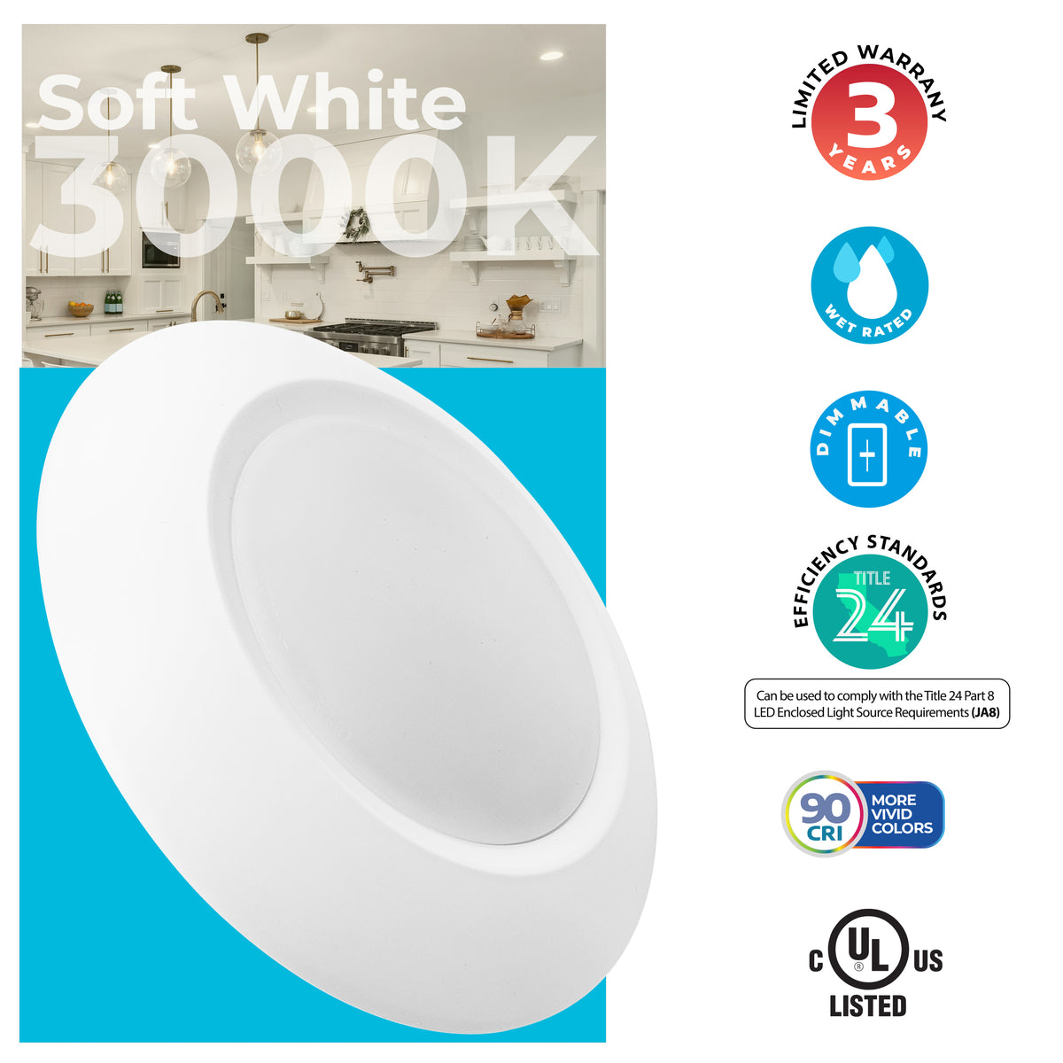 7-inch White 14W Dimmable LED Disc Downlight, 3000K, 1100 Lumens, 4-Pack