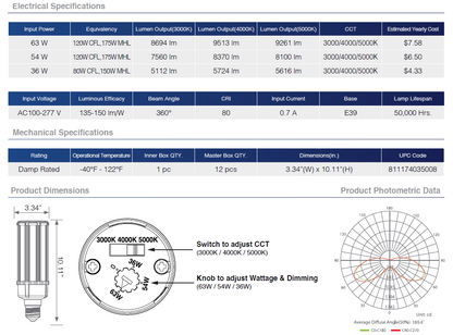 Commercial LED Bulb 36/54/63W Corn Cob 3 Color & Wattage Selectable
