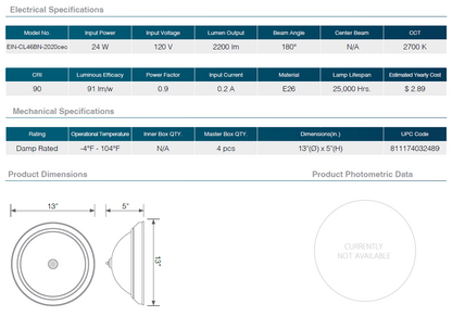 Residential LED 24W Round Dimmable Ceiling Light 13-Inch Fixture