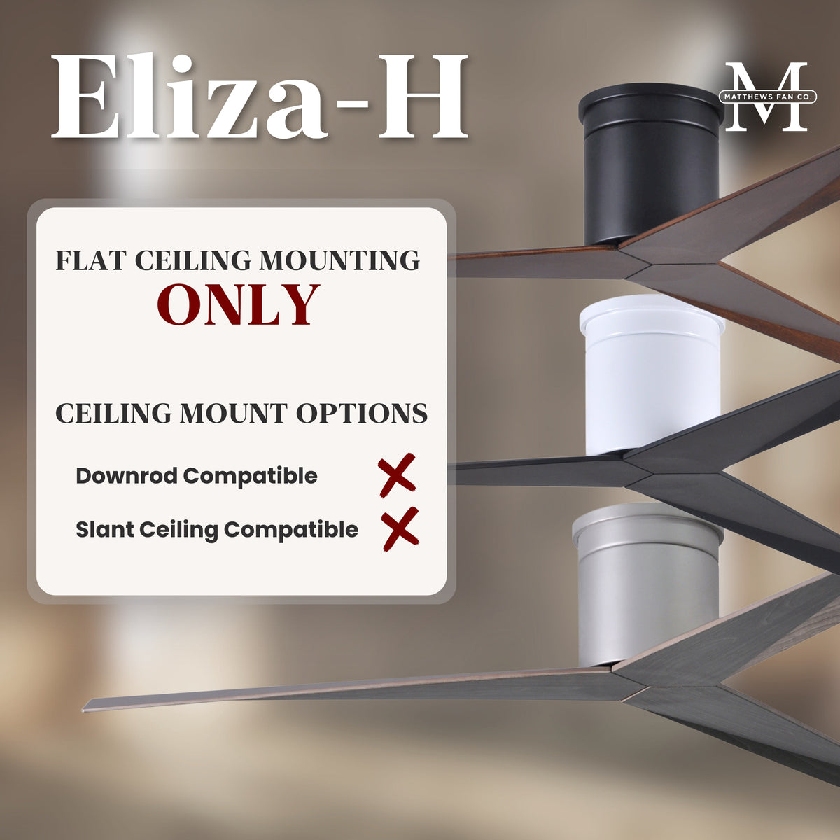 56-Inch Hugger Eliza 3-Blade Flush Mount Ceiling Fan Without Light Kit