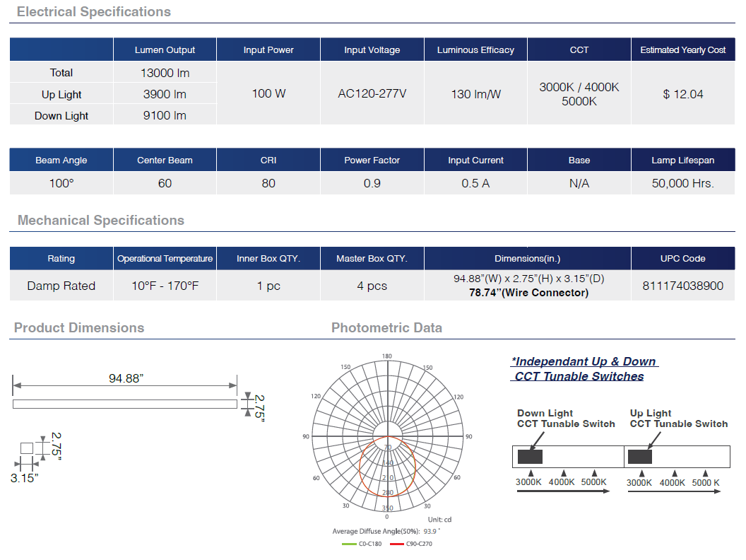 Commercial Linear Pendant Lighting 100W 8ft Up and Down Black Fixture